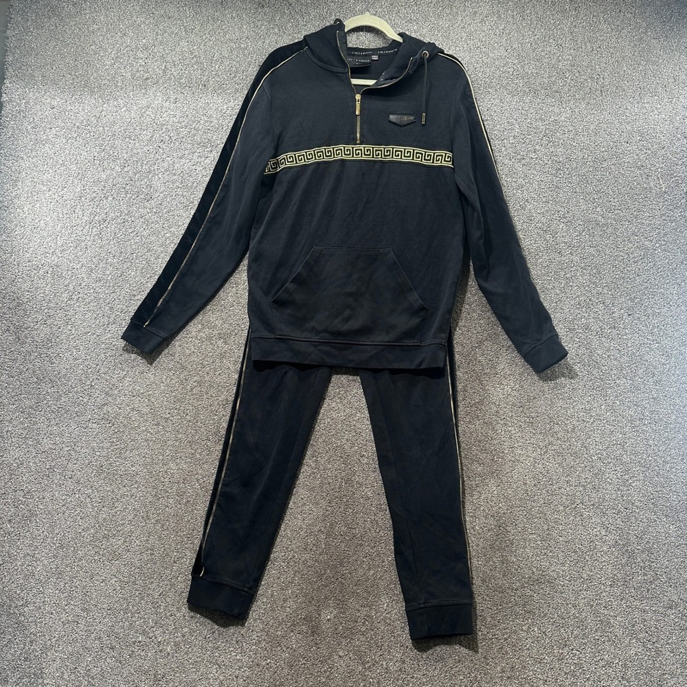 Supply & Demand Men Small Black Gold Greek Key 1/4 Zip Hoodie‎ Jogger Tracksuit